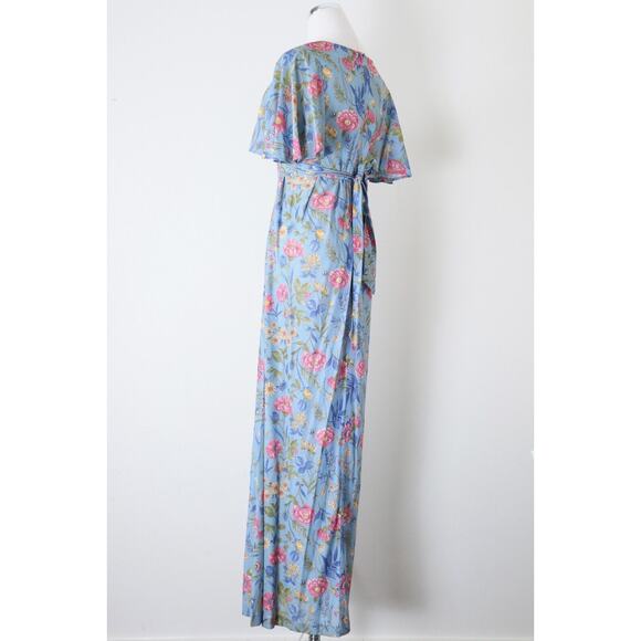 Vintage 1970s Prairie Floral Maxi Dress Flutter Sleeve Empire Waist Tie Blue - Picture 9 of 12